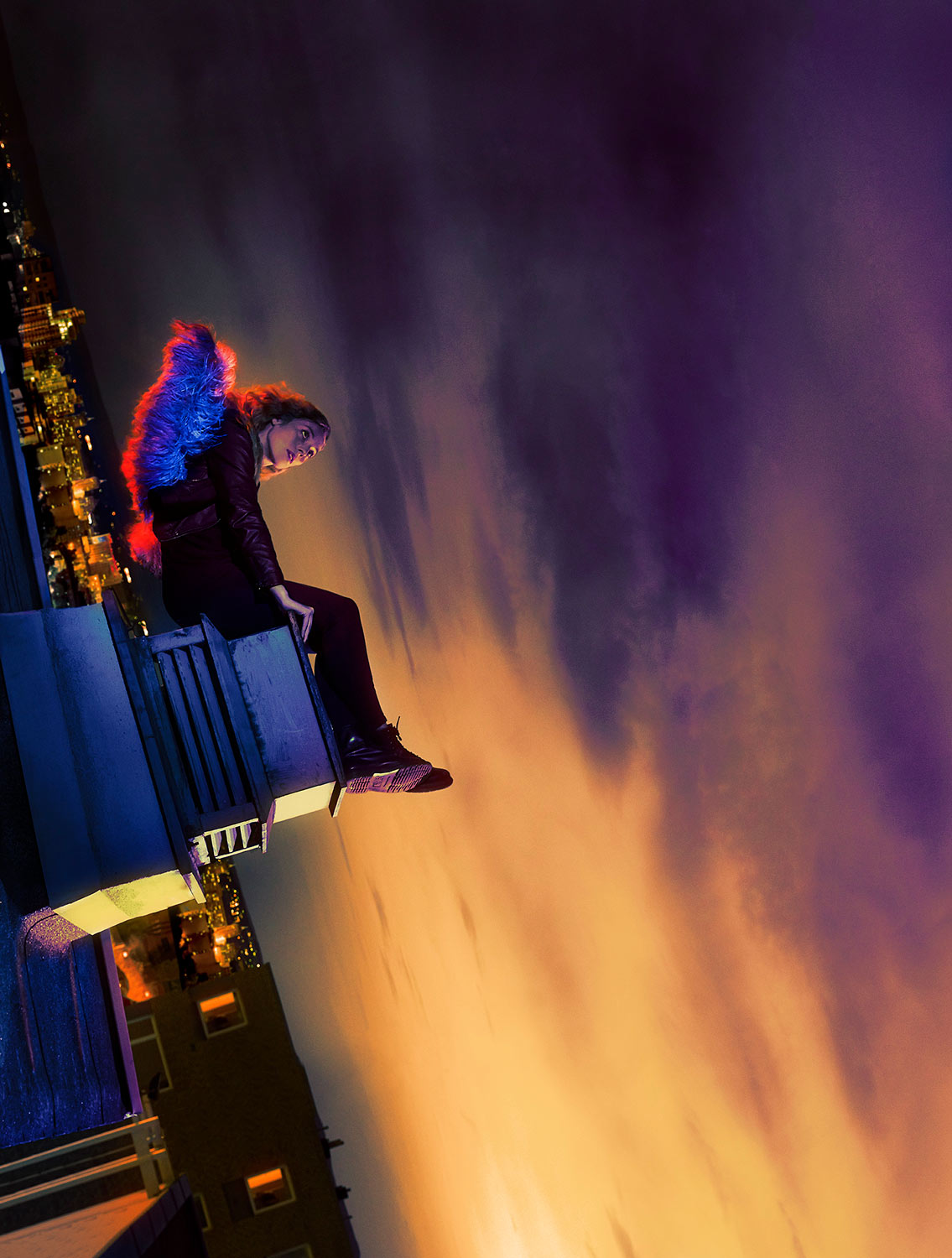 Norwegian artist Gabrielle sits on the edge of a chimney overlooking the city of Oslo. Used as cover art for her album called Nattergal  by: håvard schei
