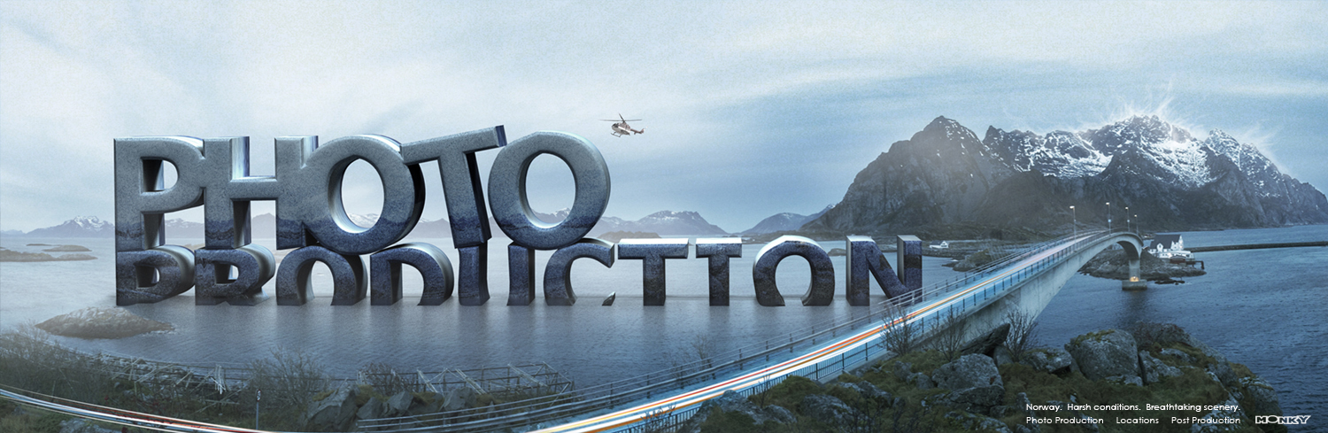 A Norwegian landscape with the 3D text Photo Productions for Monky Productions.