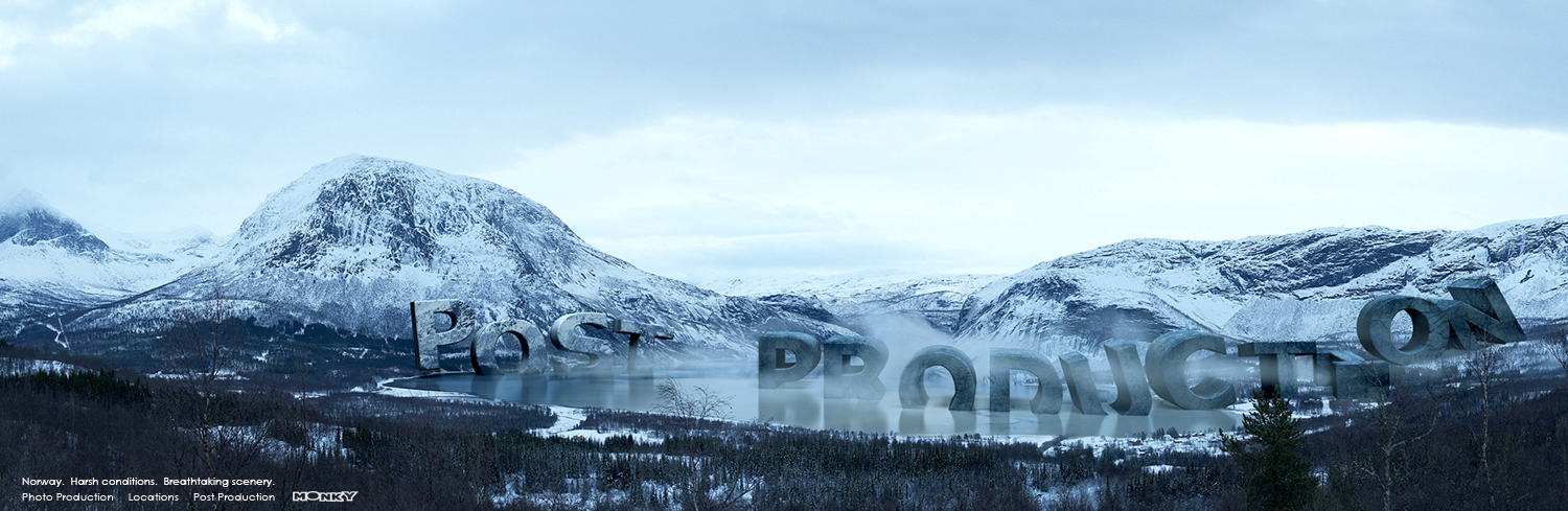 A Norwegian landscape with the 3D text Post Production.