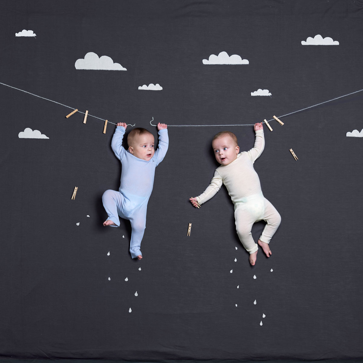 Twin boys hanging from a string. Advertising for Norwegian wool brand Lilli Leopold by håvard schei