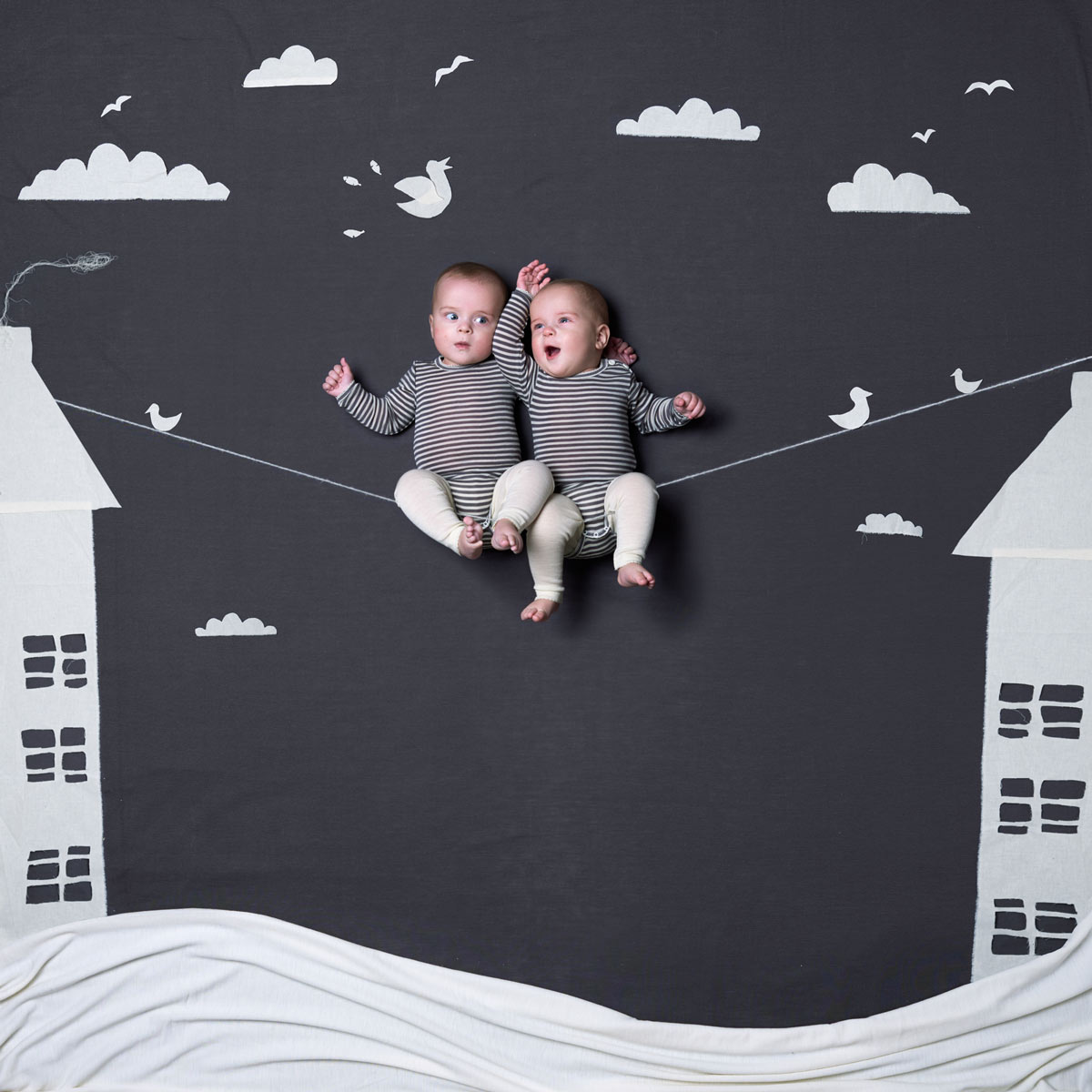 Twin boys on a string. Advertising for Norwegian wool brand Lilli Leopold by håvard schei