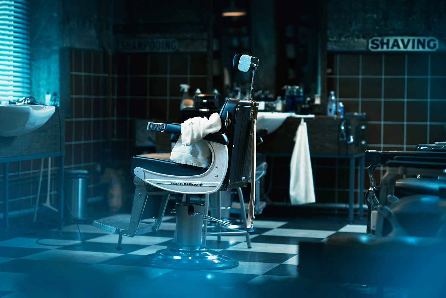The barber chair, from a cinematic story about the barber. Shot at Pels Pels barbershop Oslo
